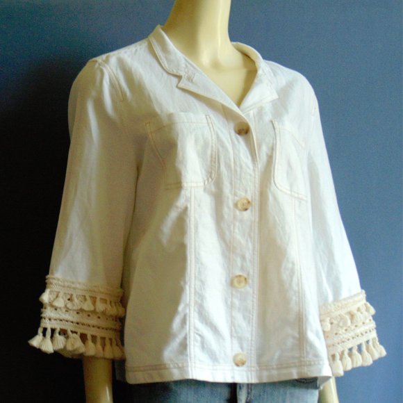 Chico's White Linen Blend Tassel Jacket 2 L - Picture 4 of 8